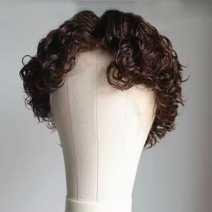 Curly Male Wig Pre Styled Short Cut Lace Front Human Hair Brown Color