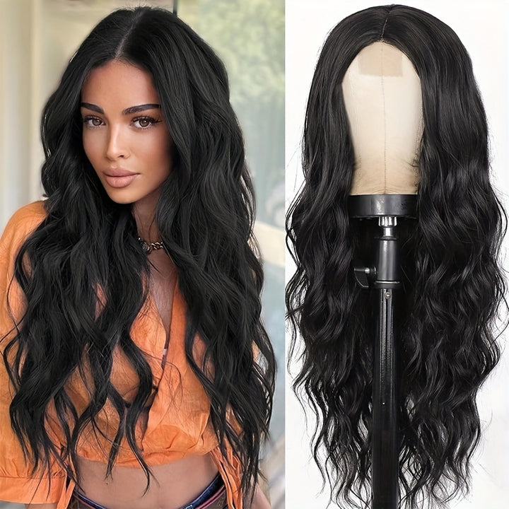 26 Inch Black Long Wave, Small Lace Heat-resistant Synthetic Wig