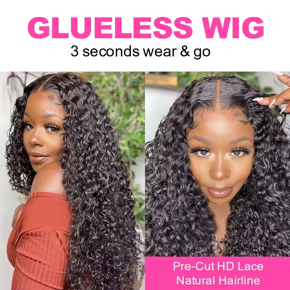 Glueless Water Wave Wig - Pre-Cut Lace, 180% Density, Natural Curly Human Hair for Effortless Style
