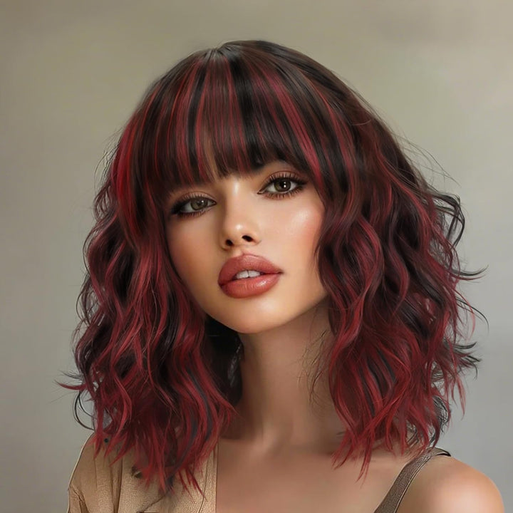 Wine Red Curly Bob Wig with Bangs - Synthetic Heat Resistant