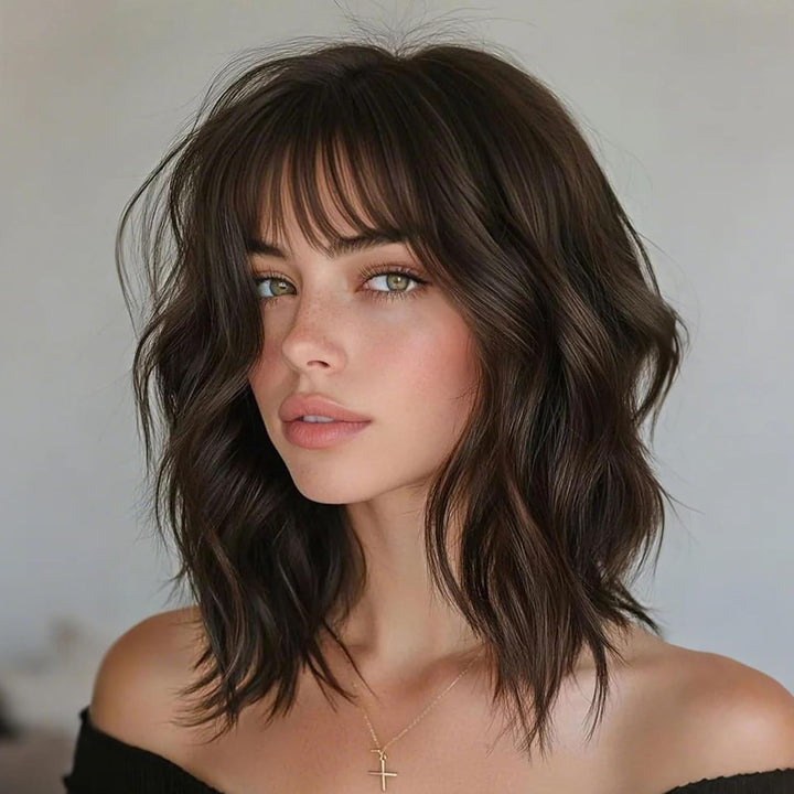 Blonde Wig with Bangs Short Wavy with Dark Roots-Synthetic Heat Resistant