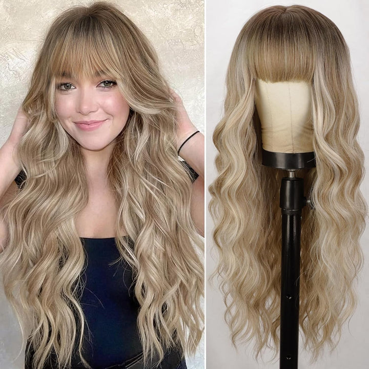 Long Wavy Curly Ombre Wig with Dark Root Synthetic Heat Resistant Wigs