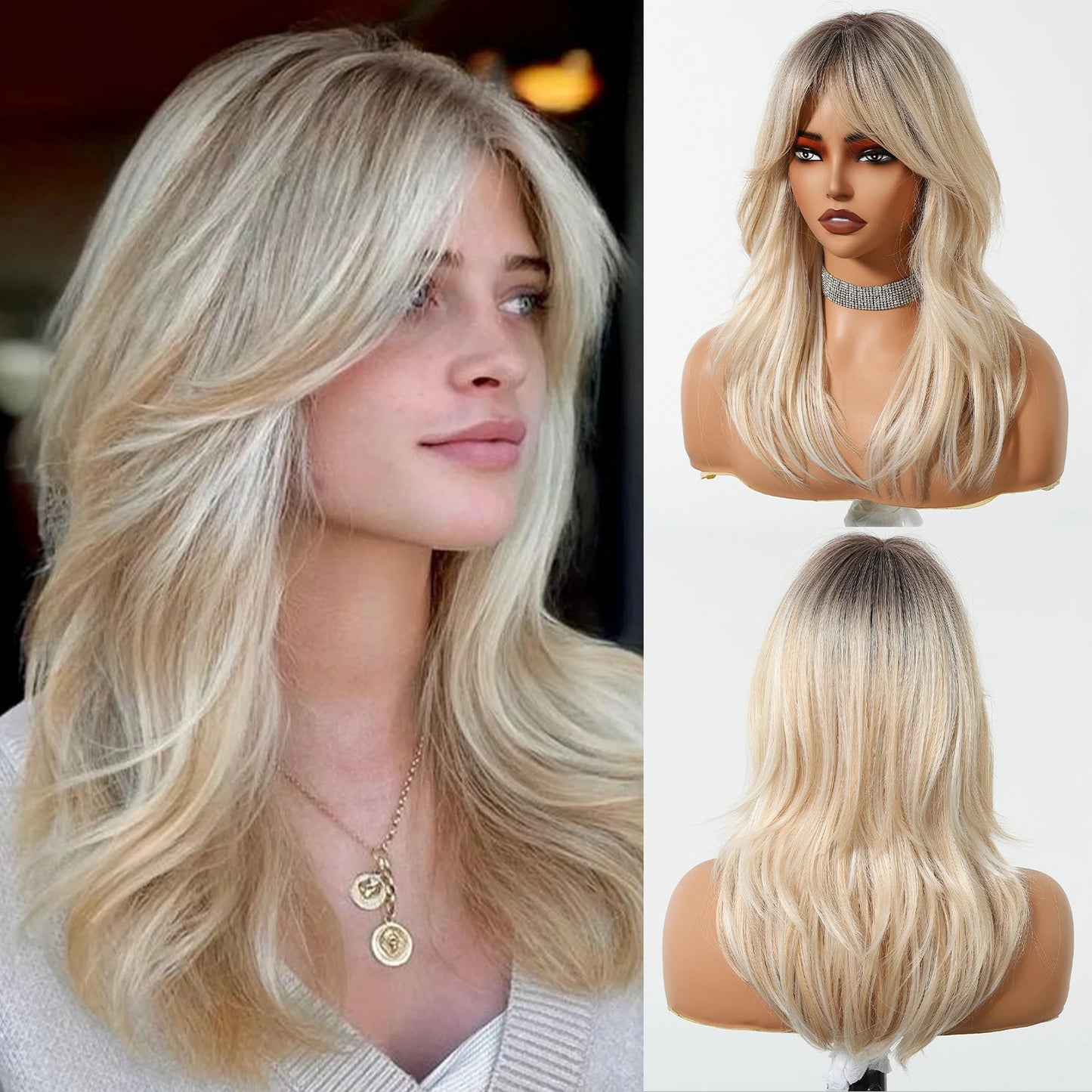 Elegant Curly Wave Ash Blonde Wig Synthetic Hair with Bangs Long Women Party Cospaly Wig 100% Tang Long Heat Resistant Fiber