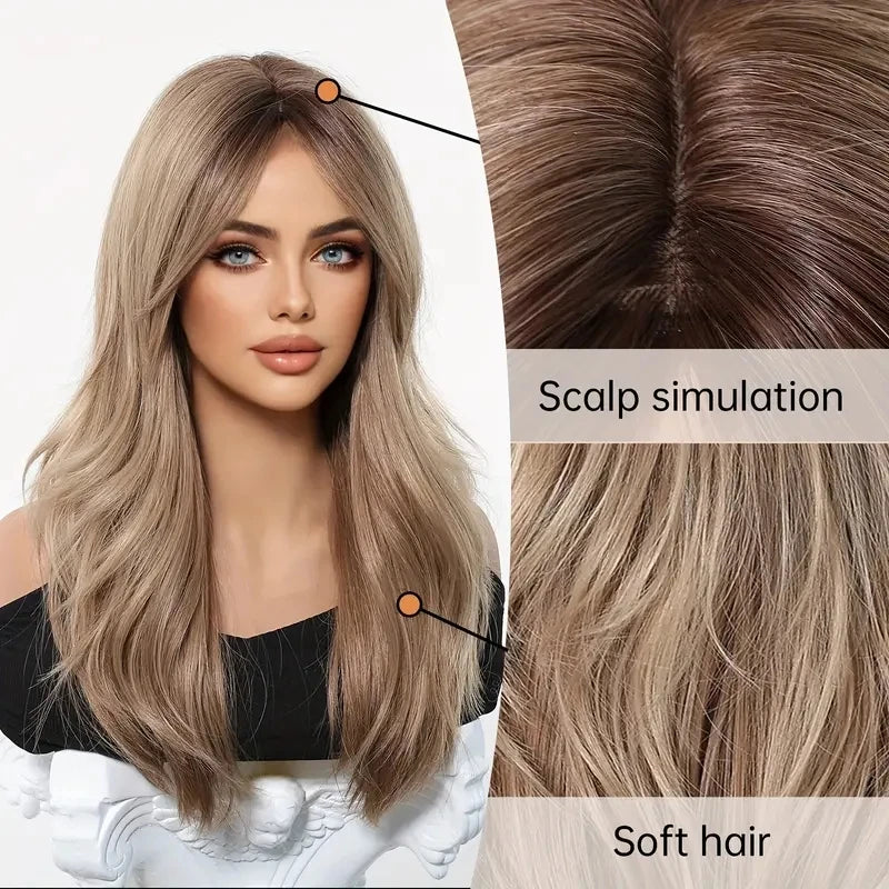 Elegant Curly Wave Ash Blonde Wig Synthetic Hair with Bangs Long Women Party Cospaly Wig 100% Tang Long Heat Resistant Fiber