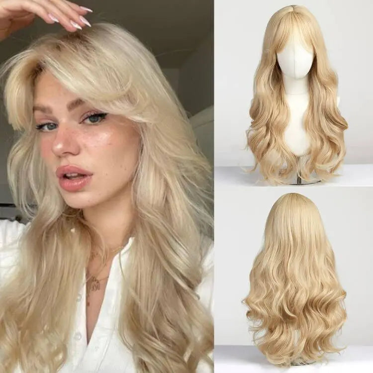 Elegant Curly Wave Ash Blonde Wig Synthetic Hair with Bangs Long Women Party Cospaly Wig 100% Tang Long Heat Resistant Fiber