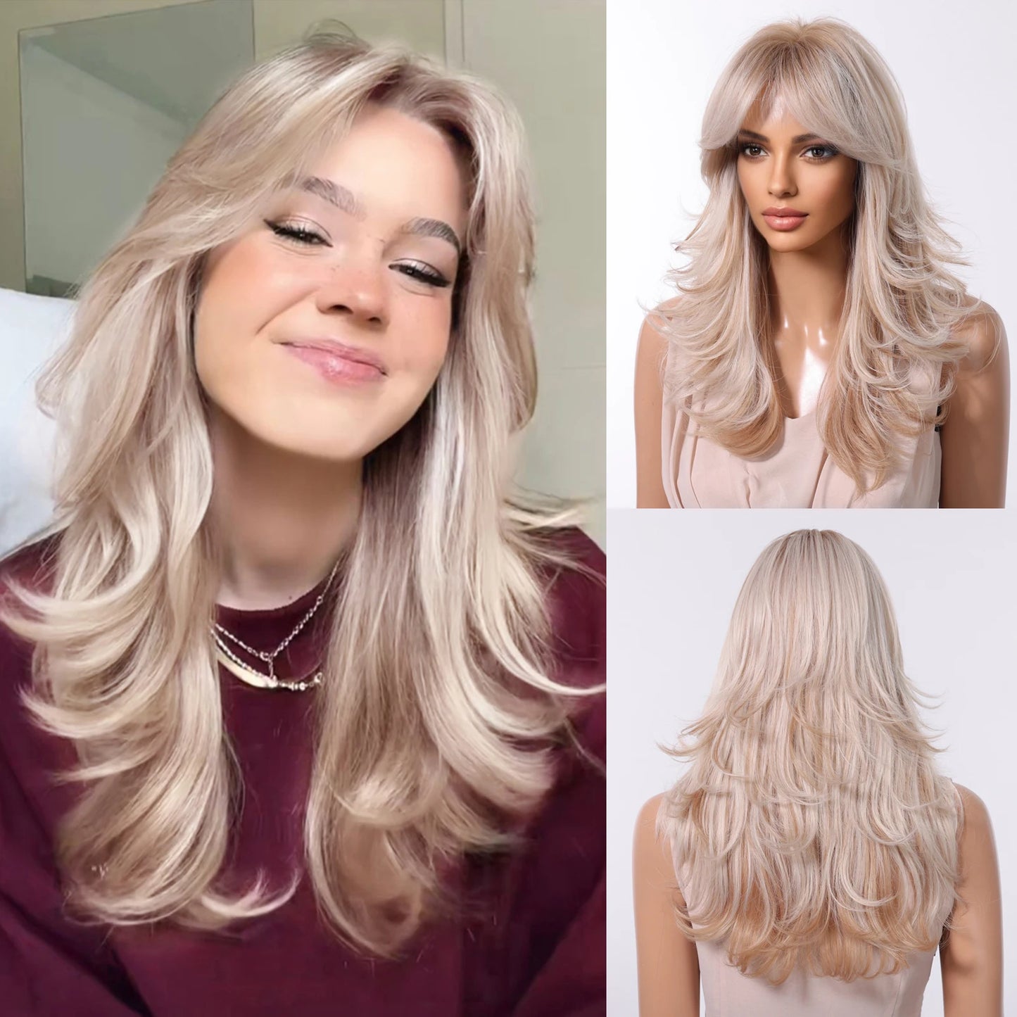Elegant Curly Wave Ash Blonde Wig Synthetic Hair with Bangs Long Women Party Cospaly Wig 100% Tang Long Heat Resistant Fiber
