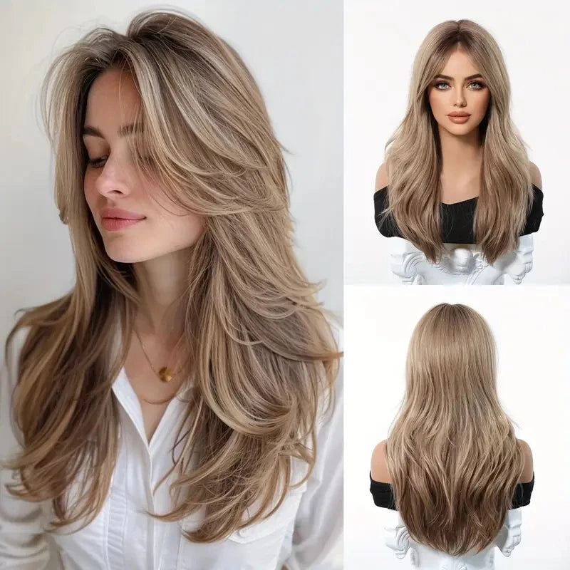 Elegant Curly Wave Ash Blonde Wig Synthetic Hair with Bangs Long Women Party Cospaly Wig 100% Tang Long Heat Resistant Fiber