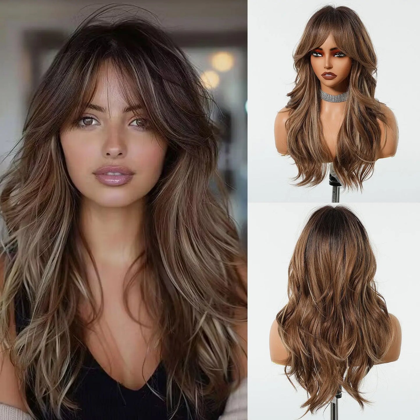 Elegant Curly Wave Ash Blonde Wig Synthetic Hair with Bangs Long Women Party Cospaly Wig 100% Tang Long Heat Resistant Fiber