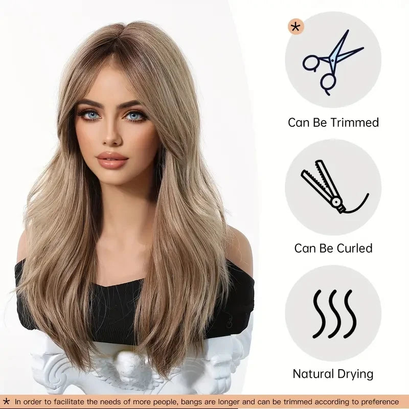 Elegant Curly Wave Ash Blonde Wig Synthetic Hair with Bangs Long Women Party Cospaly Wig 100% Tang Long Heat Resistant Fiber