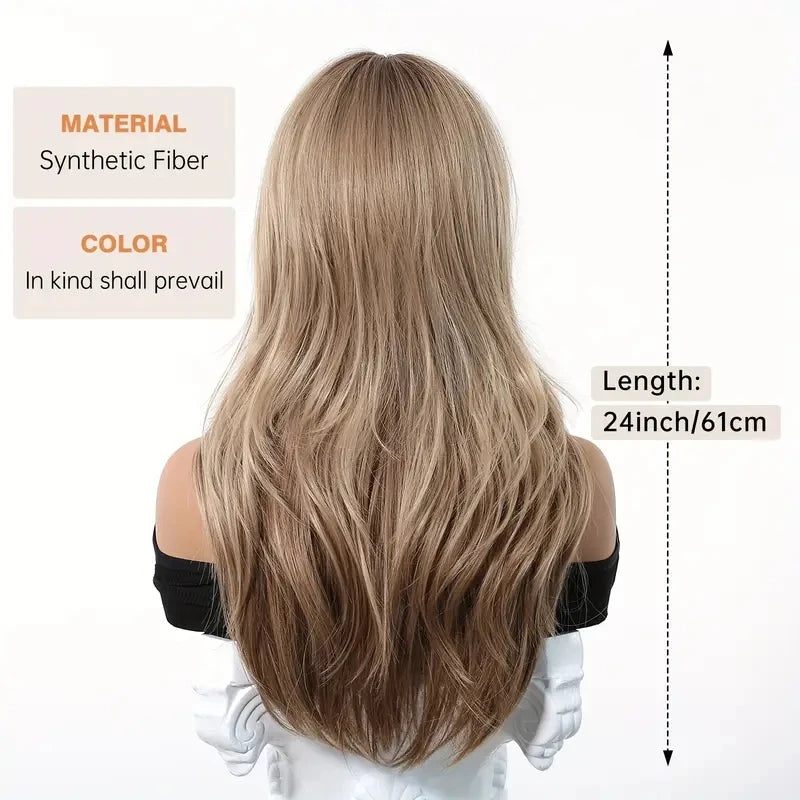 Elegant Curly Wave Ash Blonde Wig Synthetic Hair with Bangs Long Women Party Cospaly Wig 100% Tang Long Heat Resistant Fiber