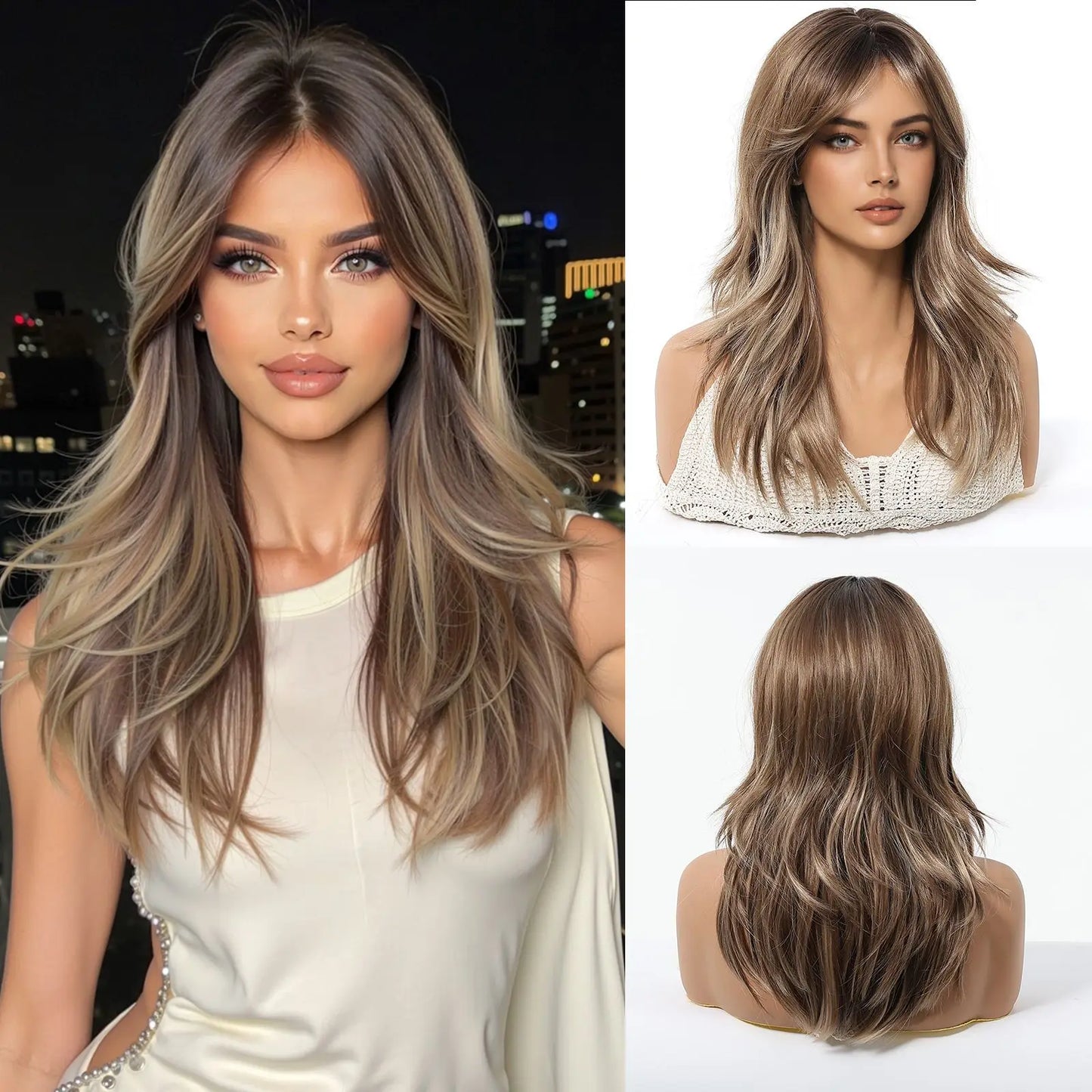Elegant Curly Wave Ash Blonde Wig Synthetic Hair with Bangs Long Women Party Cospaly Wig 100% Tang Long Heat Resistant Fiber