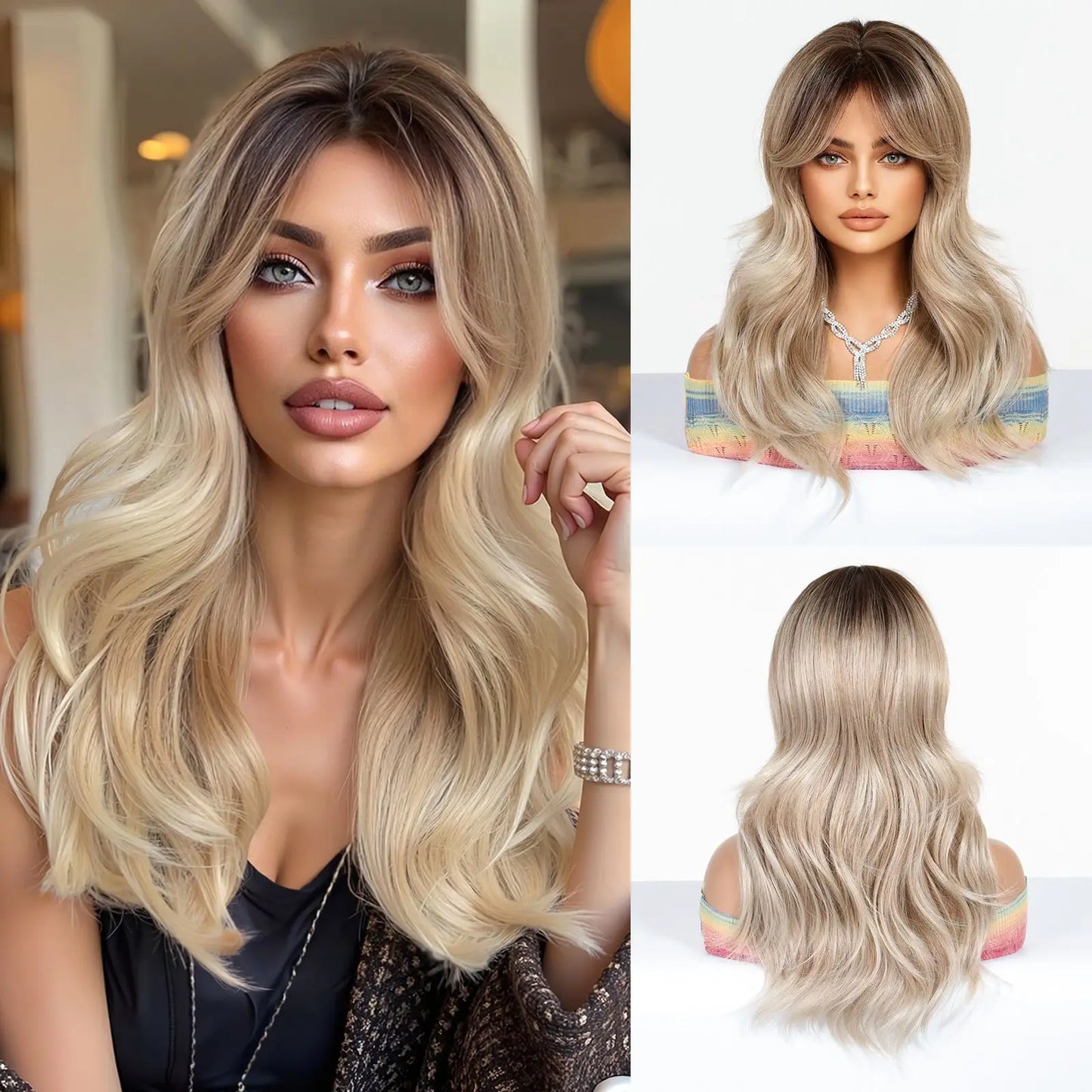 Elegant Curly Wave Ash Blonde Wig Synthetic Hair with Bangs Long Women Party Cospaly Wig 100% Tang Long Heat Resistant Fiber