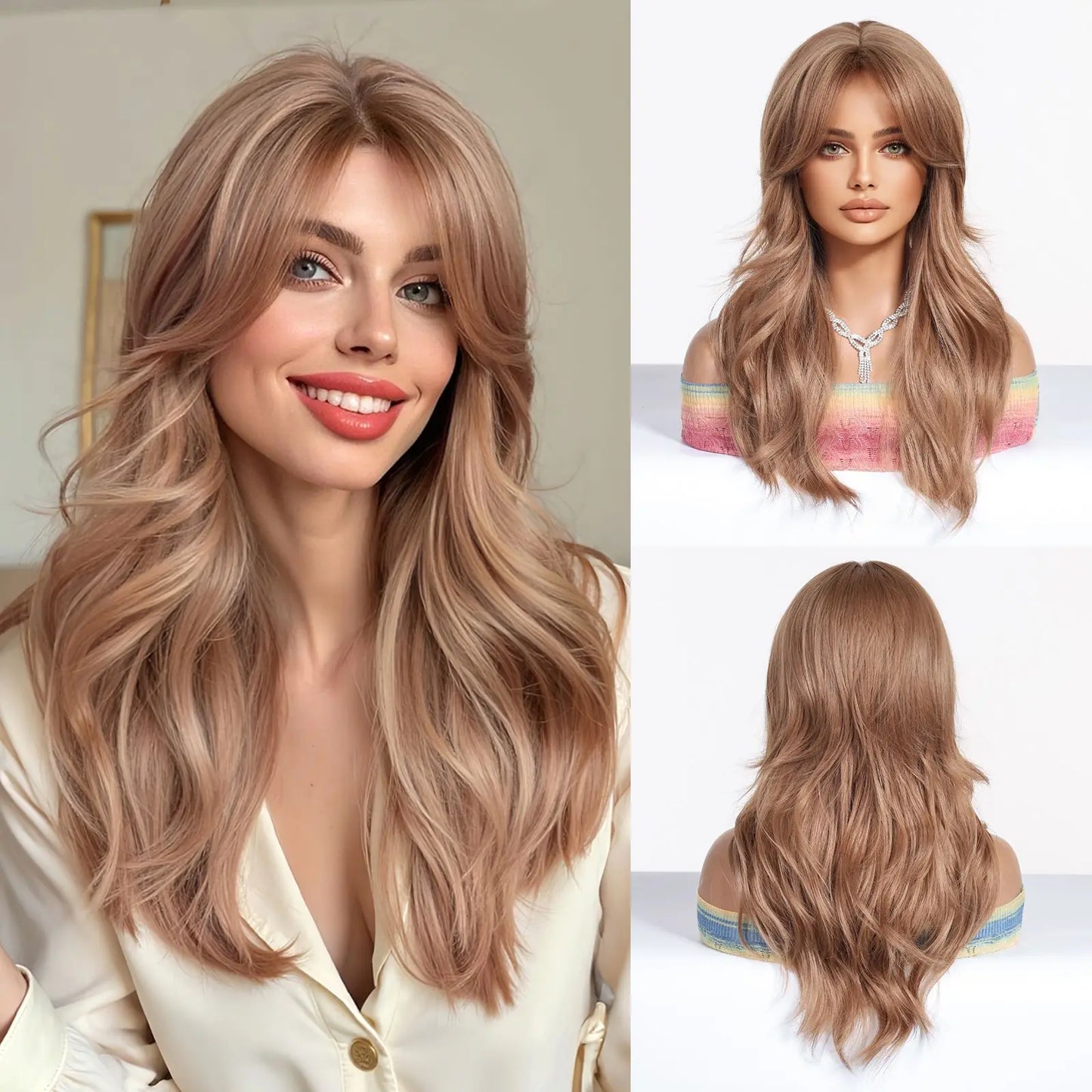 Elegant Curly Wave Ash Blonde Wig Synthetic Hair with Bangs Long Women Party Cospaly Wig 100% Tang Long Heat Resistant Fiber
