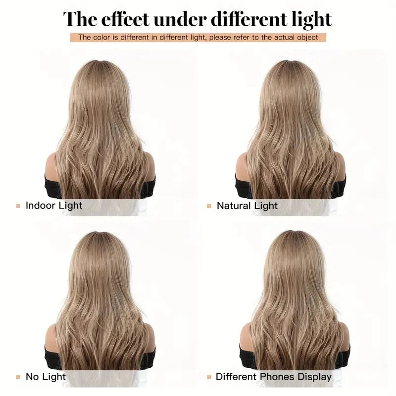 Elegant Curly Wave Ash Blonde Wig Synthetic Hair with Bangs Long Women Party Cospaly Wig 100% Tang Long Heat Resistant Fiber