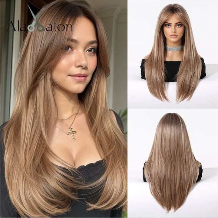 Chestnut Brown Straight Wig with Bangs – Heat Resistant, Natural Layers