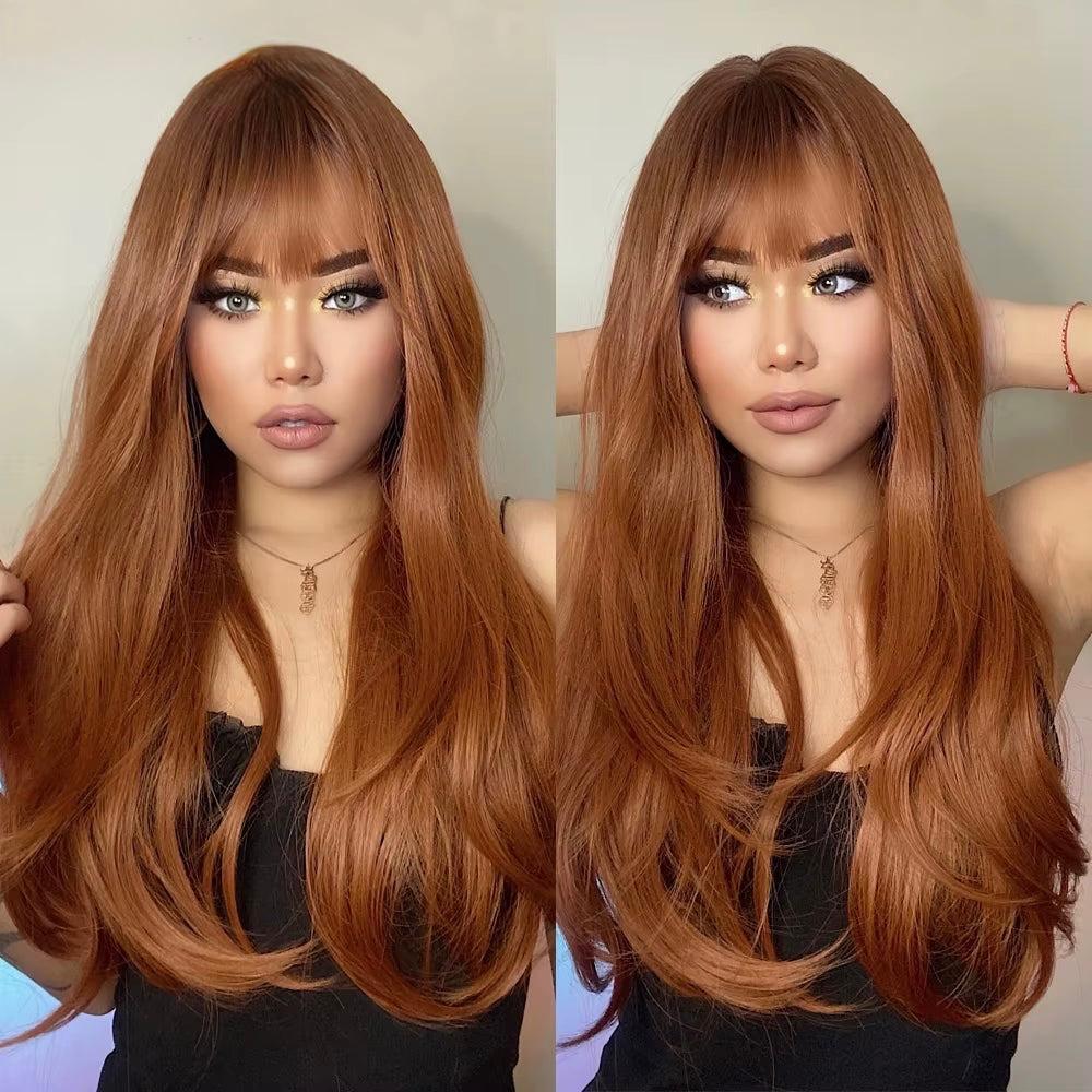 Red Brown Copper Ginger Long Straight Synthetic Wigs - Heat Resistant Cosplay Hair