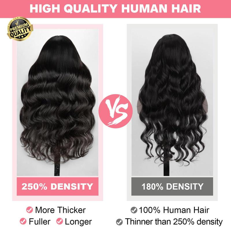  13X6 HD Transparent, Glueless Brazilian Body Wave Lace Frontal Wig Human Hair, 250% Density 12A,