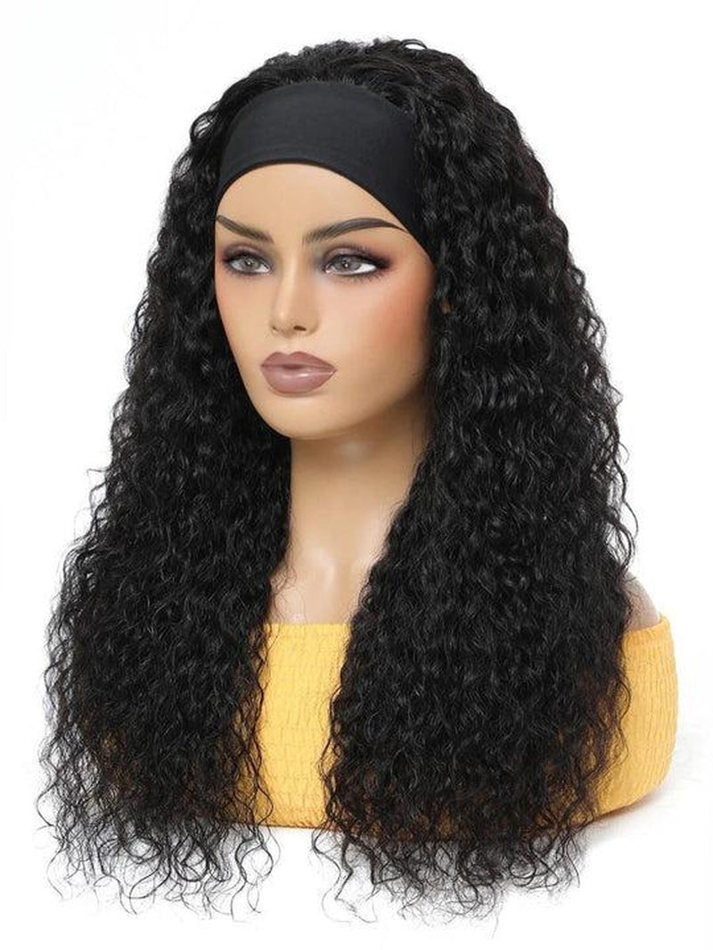 Headband Curly Human Hair Wig 1B 20Inch 130% Density