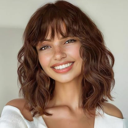 Wine Red Curly Bob Wig with Bangs - Synthetic Heat Resistant 
