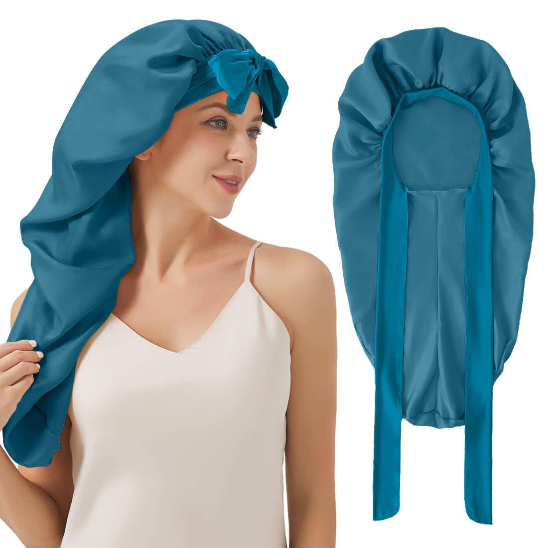 Long Satin Bonnet for Sleeping, Satin Lined Braid Bonnet with Elastic Band, Adjustable Long Strap Bonnets for Women Braids Dreadlock Curly Hair(Black)
