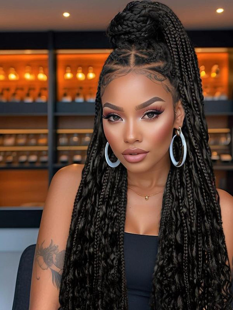 32 Inch Black Long synthetic Braided Lace Wigs for Women, Glueless Wigs