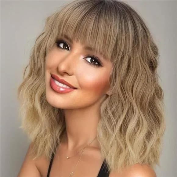 Wine Red Curly Bob Wig with Bangs - Synthetic Heat Resistant 