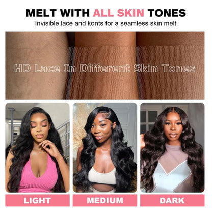  13X6 HD Transparent, Glueless Brazilian Body Wave Lace Frontal Wig Human Hair, 250% Density 12A,