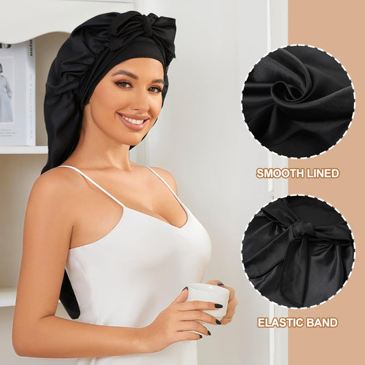 Long Satin Bonnet for Sleeping, Satin Lined Braid Bonnet with Elastic Band, Adjustable Long Strap Bonnets for Women Braids Dreadlock Curly Hair(Black)