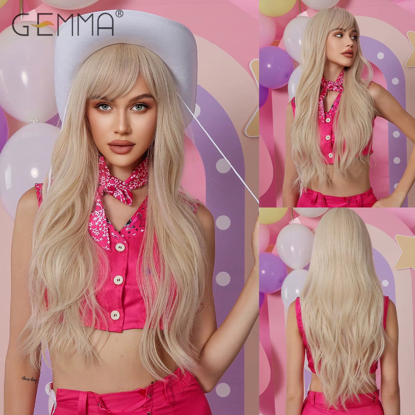 Long Wavy Light Ash Blonde Synthetic Wigs with Bangs for Women Natural Wave Cosplay Party Daily Use Hair Wigs Heat Resistant