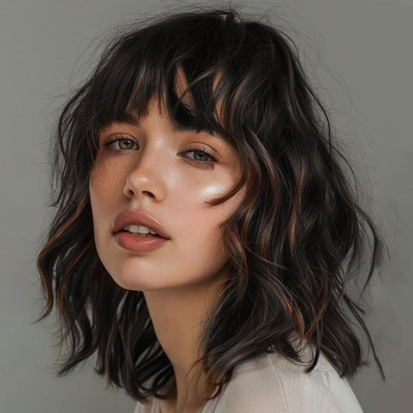14" Blonde Wig with Bangs Short Wavy Curly Ombre Wig with Dark Roots-Synthetic Heat Resistant 