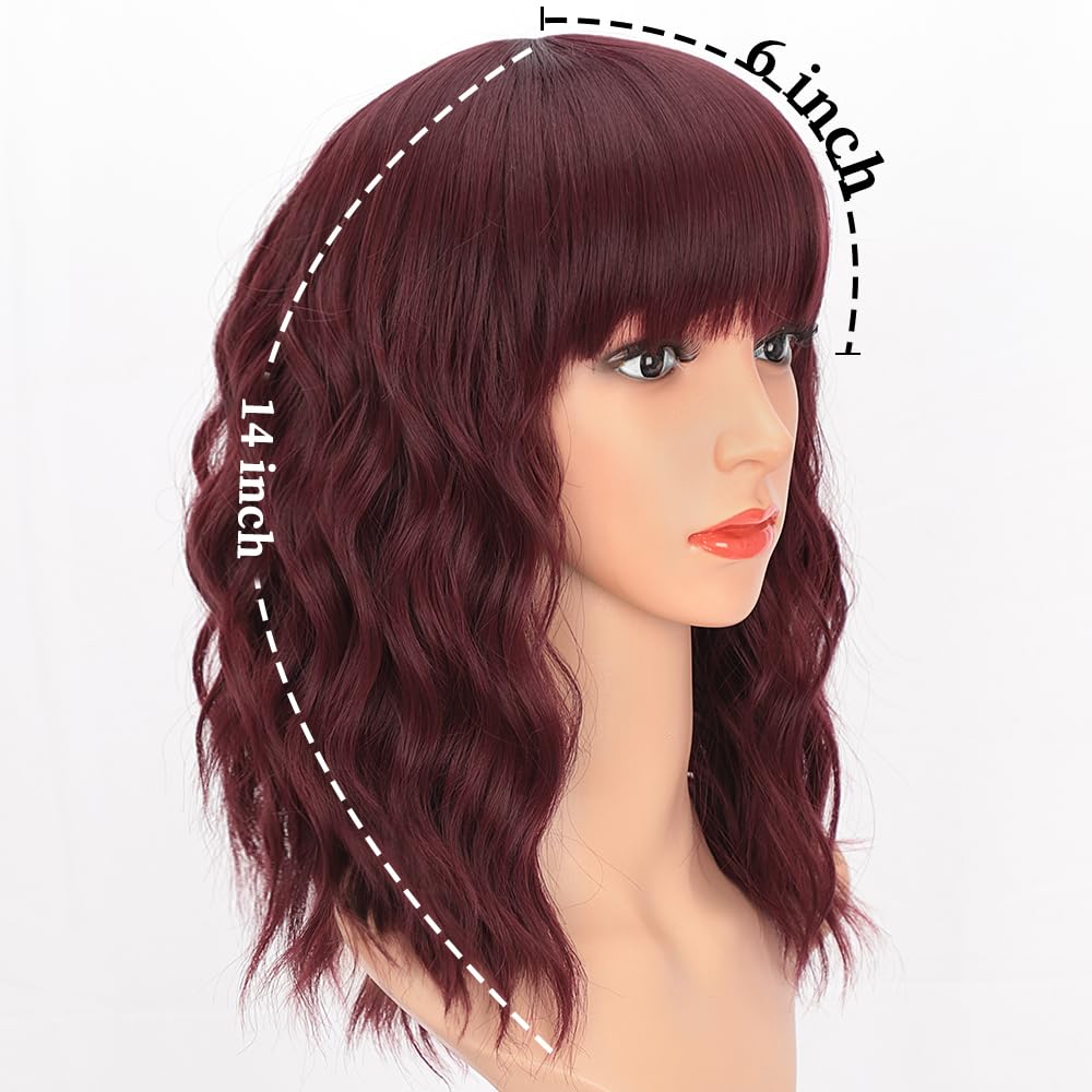 Wine Red Curly Bob Wig with Bangs - Synthetic Heat Resistant 
