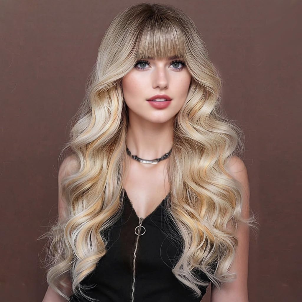 26"Blonde Wig with Bangs Long Wavy Curly Ombre Wig with Dark Root Synthetic Heat Resistant Wigs 