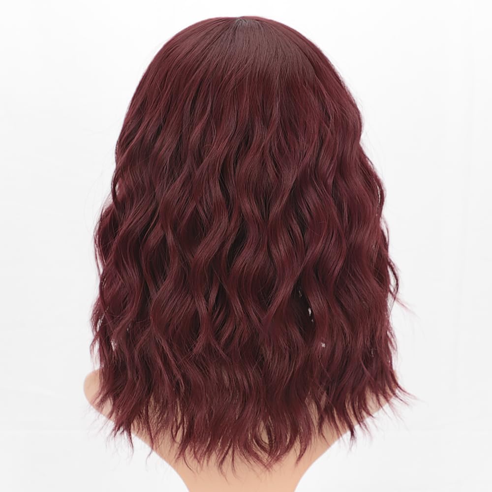 Wine Red Curly Bob Wig with Bangs - Synthetic Heat Resistant 