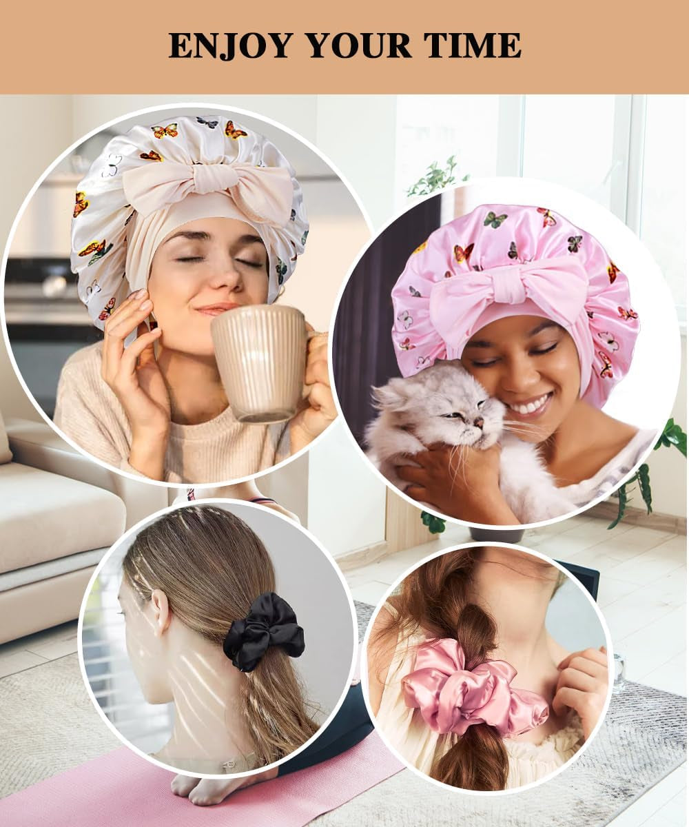 Set of 2 Large Satin Bonnets with Scrunchies for Women - Sleep Bonnet for Braids and Curly Hair