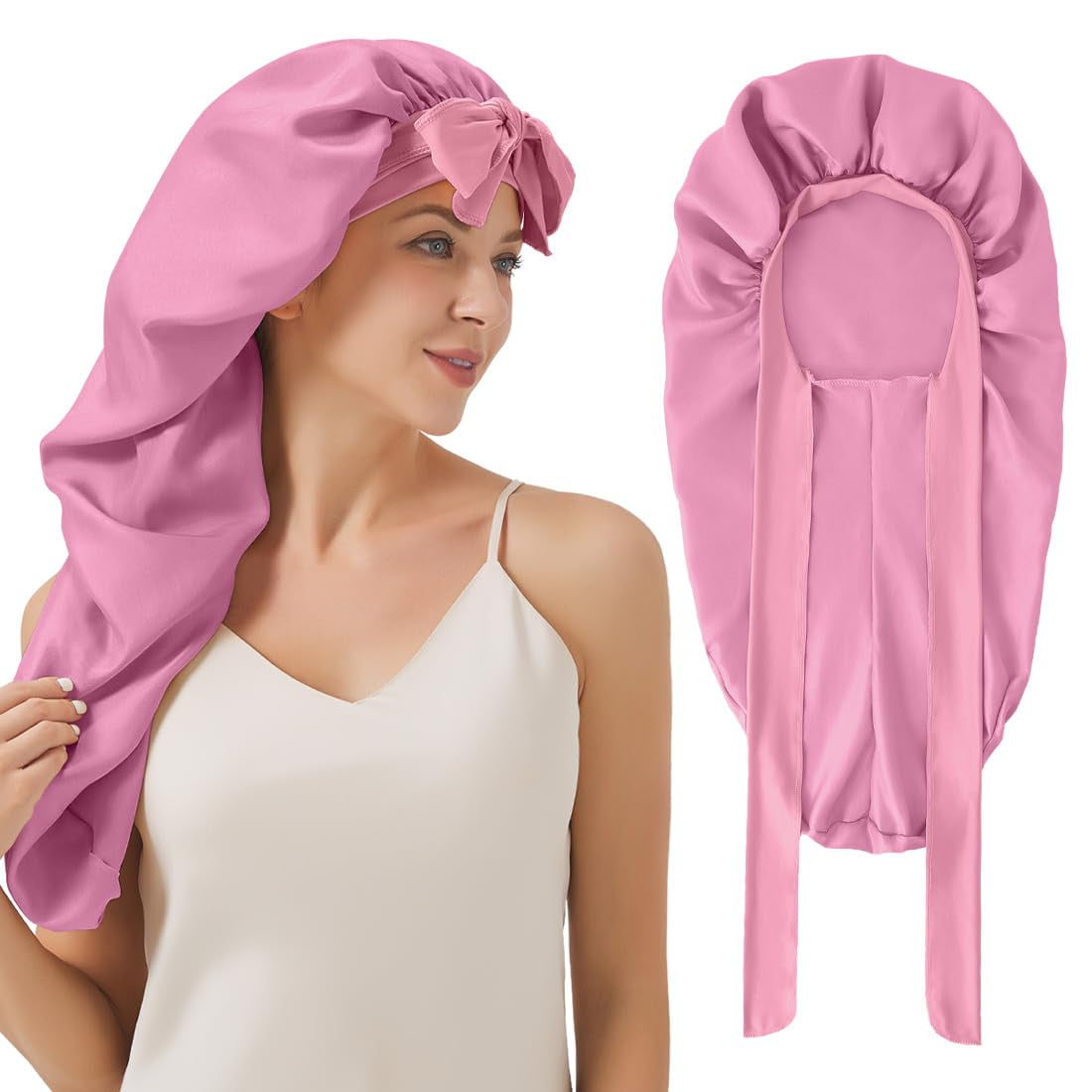 Long Satin Bonnet for Sleeping, Satin Lined Braid Bonnet with Elastic Band, Adjustable Long Strap Bonnets for Women Braids Dreadlock Curly Hair(Black)