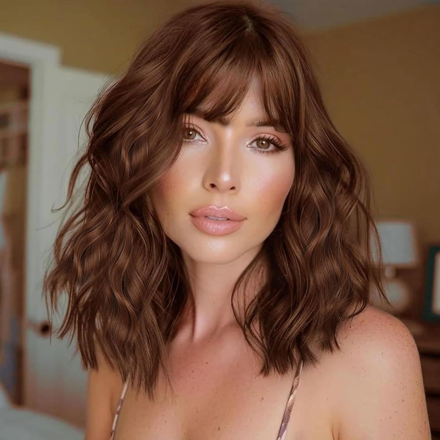 14" Blonde Wig with Bangs Short Wavy Curly Ombre Wig with Dark Roots-Synthetic Heat Resistant 