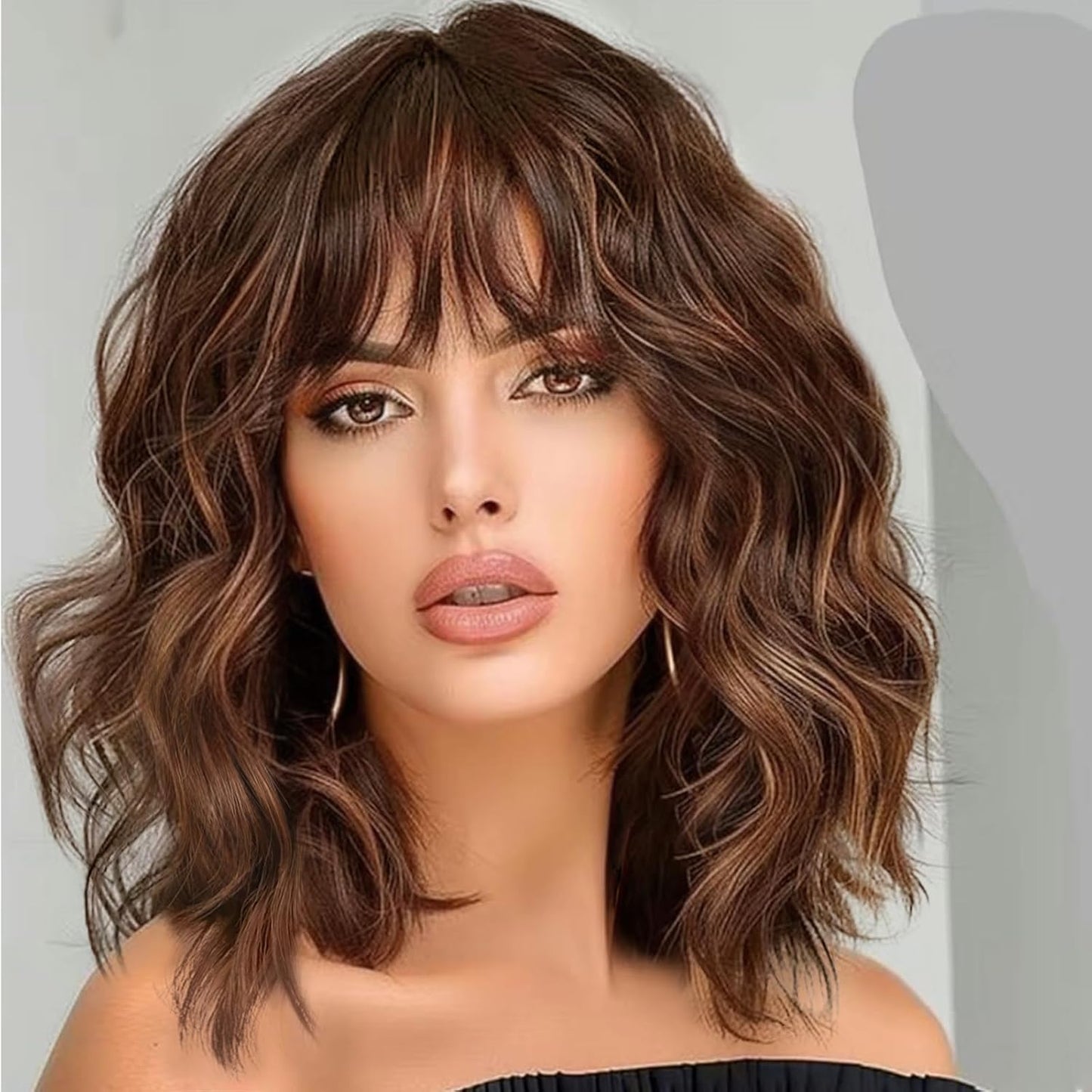 14" Blonde Wig with Bangs Short Wavy Curly Ombre Wig with Dark Roots-Synthetic Heat Resistant 