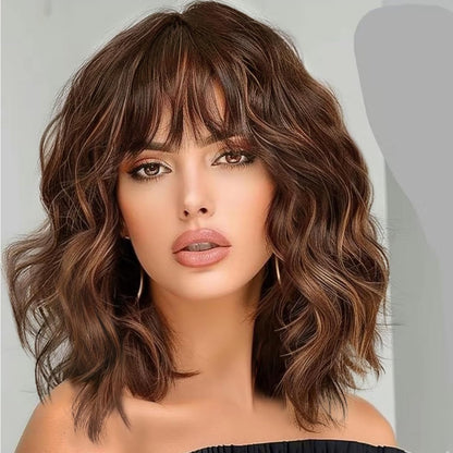 14" Blonde Wig with Bangs Short Wavy Curly Ombre Wig with Dark Roots-Synthetic Heat Resistant 