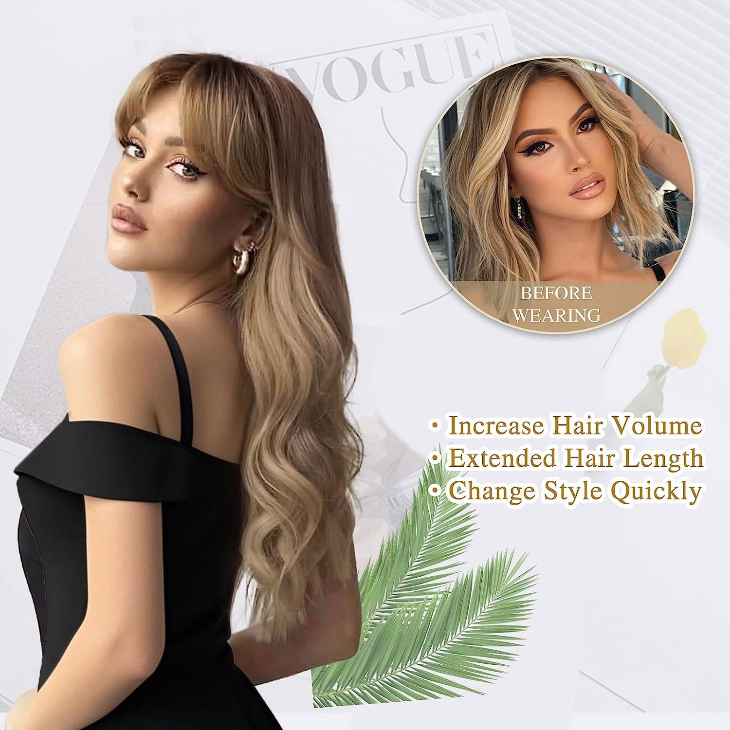 26"Blonde Wig with Bangs Long Wavy Curly Ombre Wig with Dark Root Synthetic Heat Resistant Wigs 