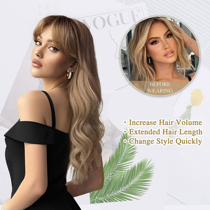 26"Blonde Wig with Bangs Long Wavy Curly Ombre Wig with Dark Root Synthetic Heat Resistant Wigs 