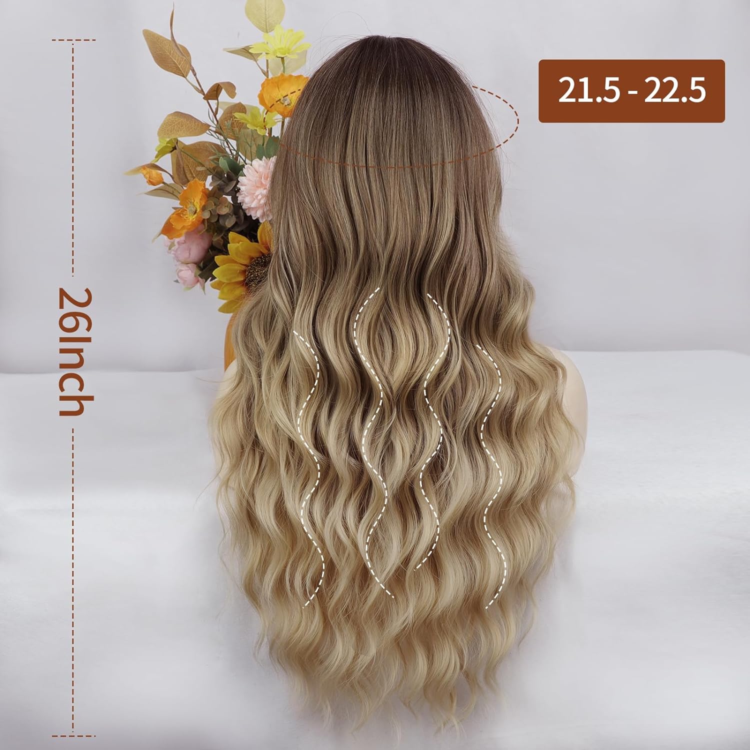 26"Blonde Wig with Bangs Long Wavy Curly Ombre Wig with Dark Root Synthetic Heat Resistant Wigs 