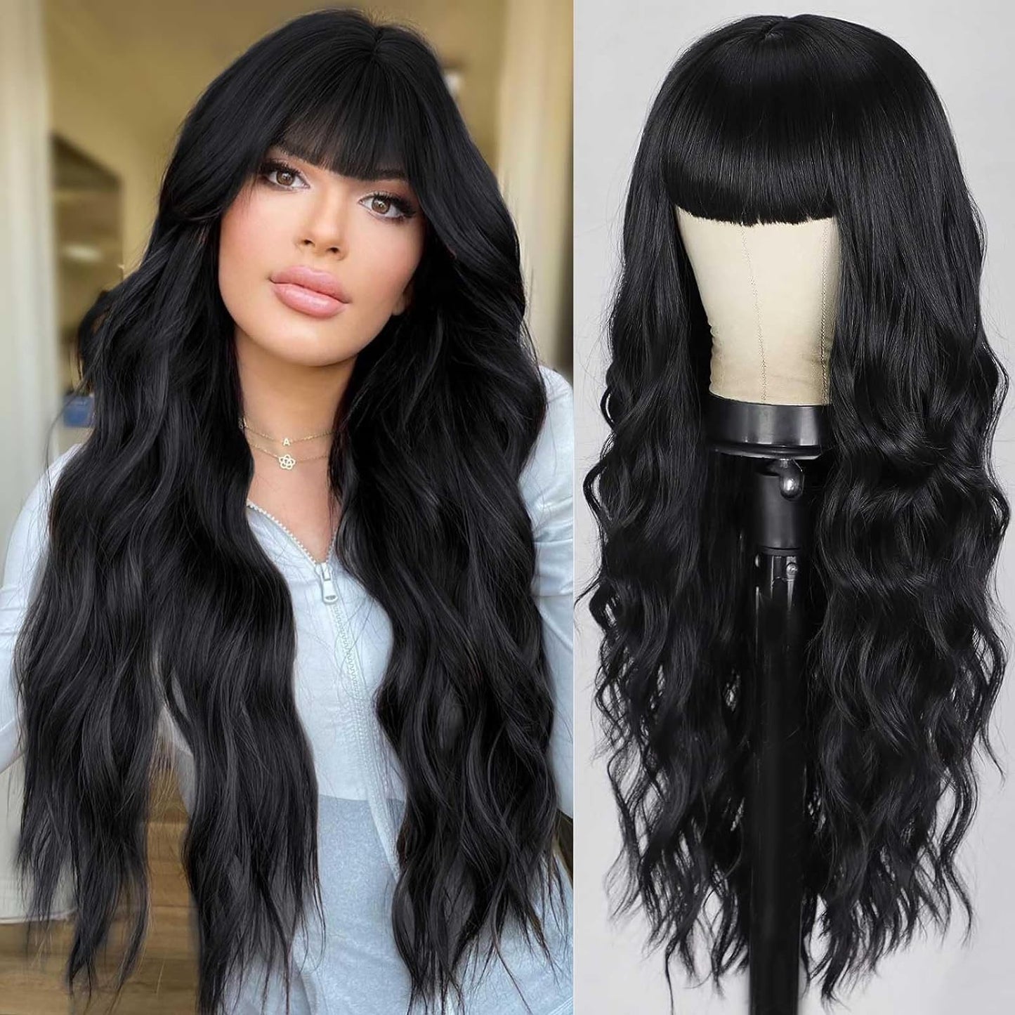 26"Blonde Wig with Bangs Long Wavy Curly Ombre Wig with Dark Root Synthetic Heat Resistant Wigs 
