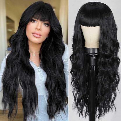 26"Blonde Wig with Bangs Long Wavy Curly Ombre Wig with Dark Root Synthetic Heat Resistant Wigs 