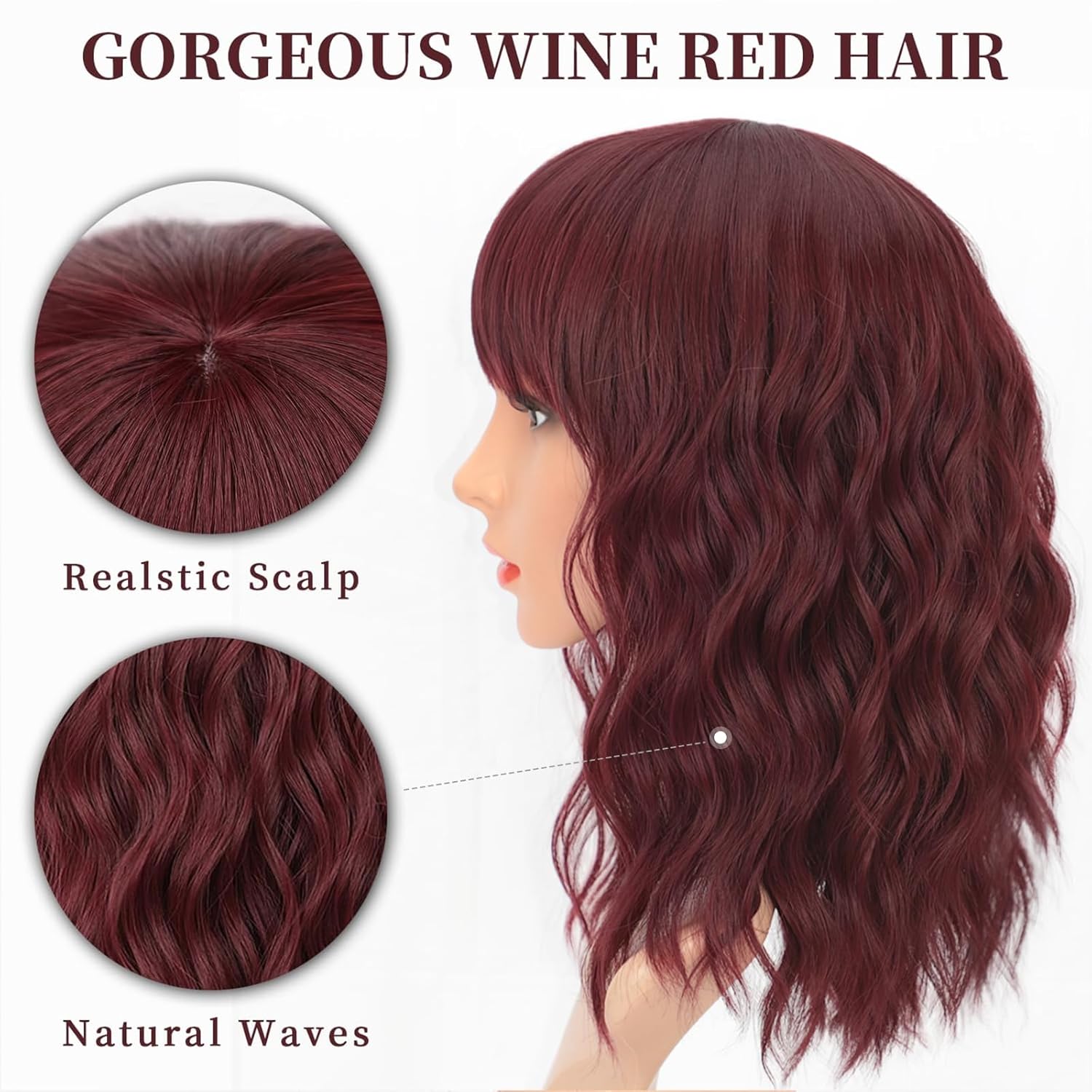Wine Red Curly Bob Wig with Bangs - Synthetic Heat Resistant 