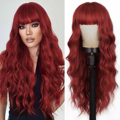 26"Blonde Wig with Bangs Long Wavy Curly Ombre Wig with Dark Root Synthetic Heat Resistant Wigs 