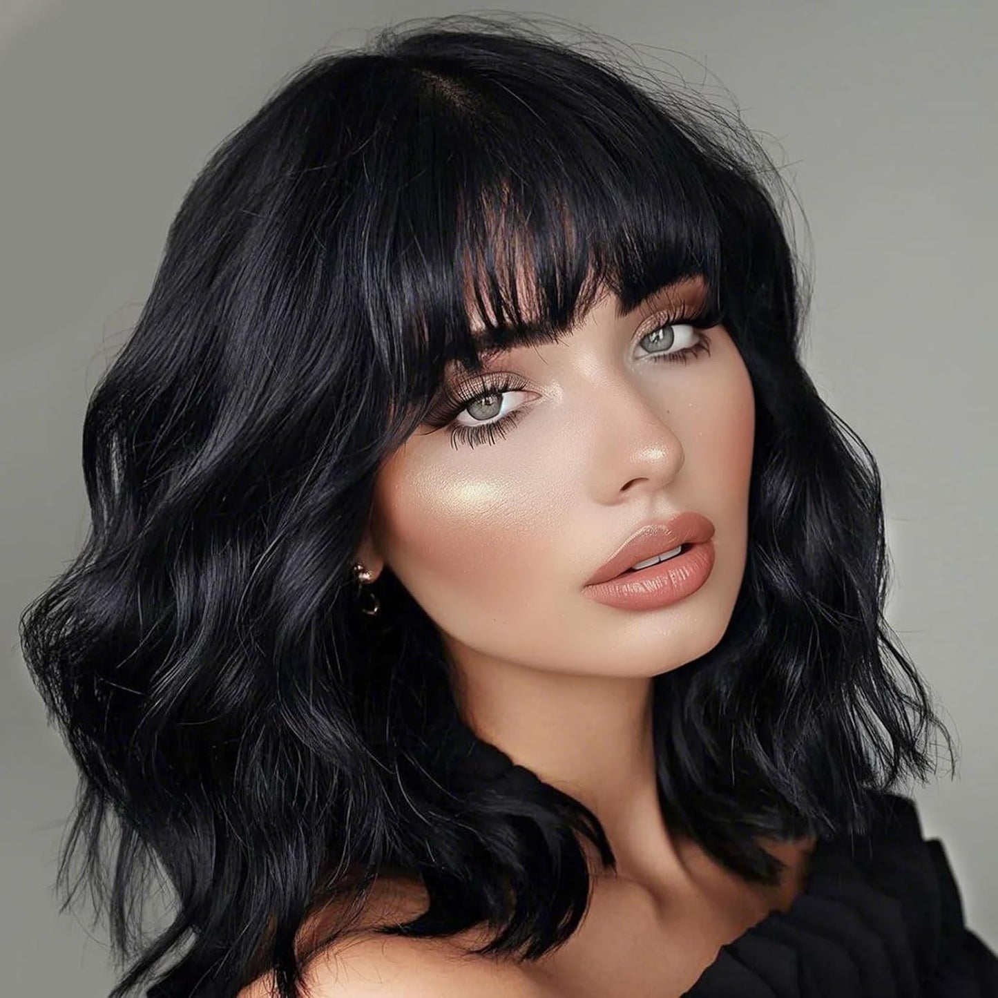 14" Blonde Wig with Bangs Short Wavy Curly Ombre Wig with Dark Roots-Synthetic Heat Resistant 