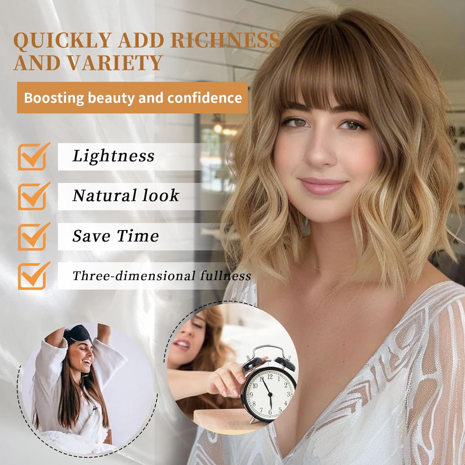 14" Blonde Wig with Bangs Short Wavy Curly Ombre Wig with Dark Roots-Synthetic Heat Resistant 