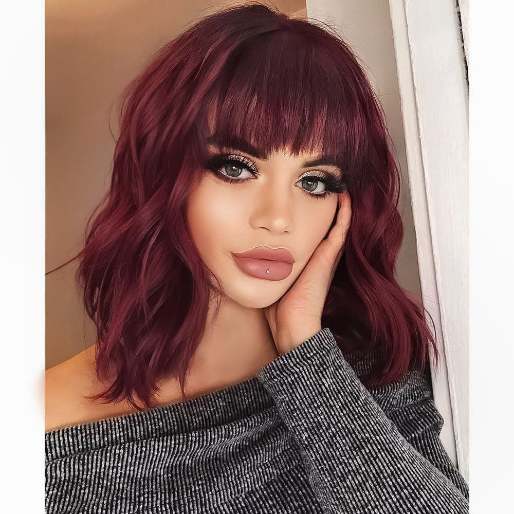 Wine Red Curly Bob Wig with Bangs - Synthetic Heat Resistant 