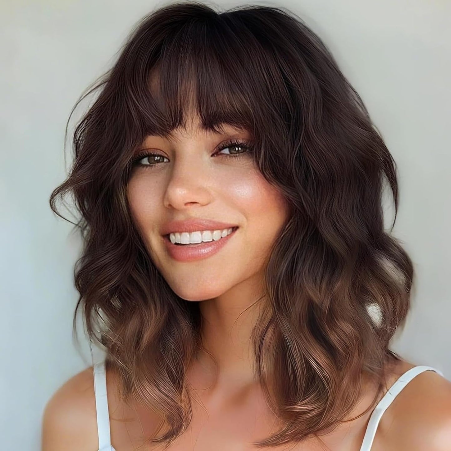 14" Blonde Wig with Bangs Short Wavy Curly Ombre Wig with Dark Roots-Synthetic Heat Resistant 