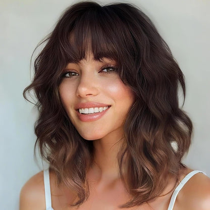 14" Blonde Wig with Bangs Short Wavy Curly Ombre Wig with Dark Roots-Synthetic Heat Resistant 